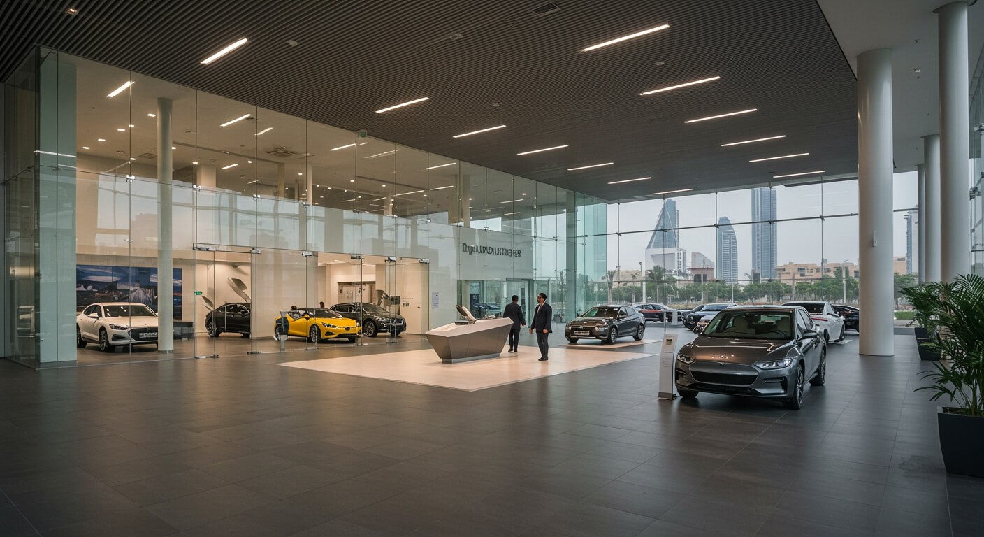 MaxX Drive Pakistan Clifton showroom entrance with premium vehicles displayed