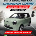 Brand New Changan Lumin 2025 parked outside MaxX Drive showroom in Clifton, Karachi