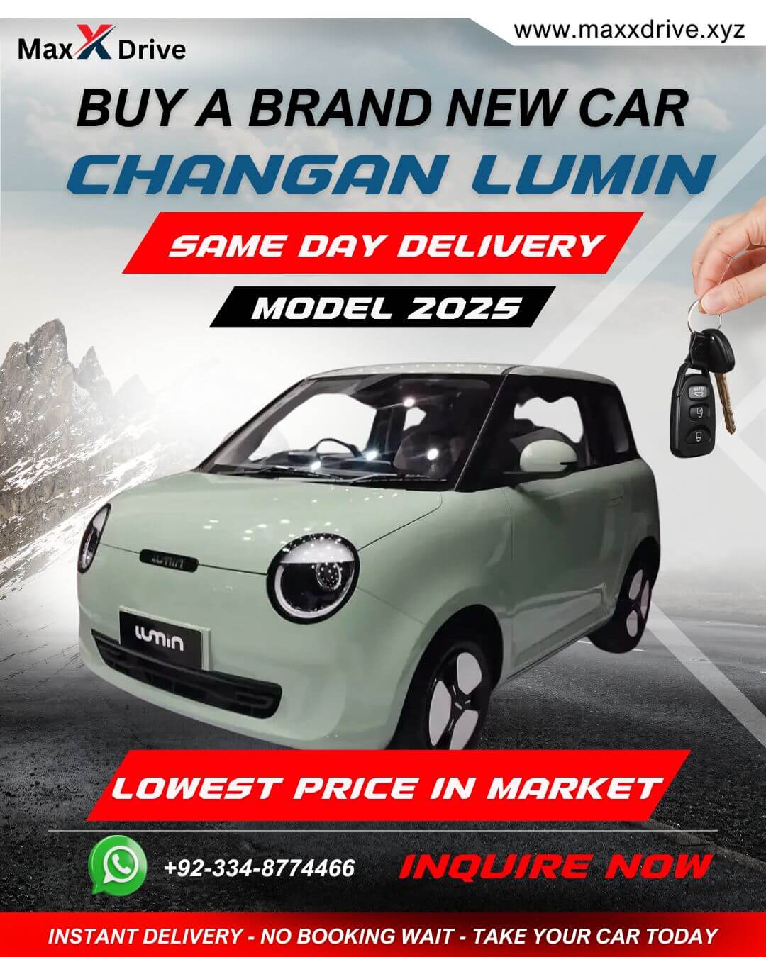 Brand New Changan Lumin 2025 parked outside MaxX Drive showroom in Clifton, Karachi