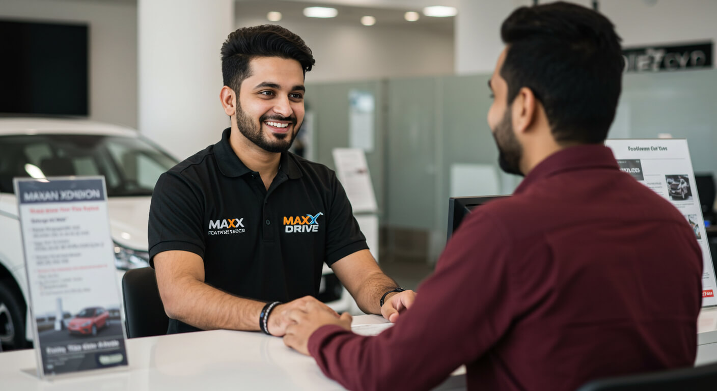 Friendly MaxX Drive team member assisting a customer at Clifton showroom desk